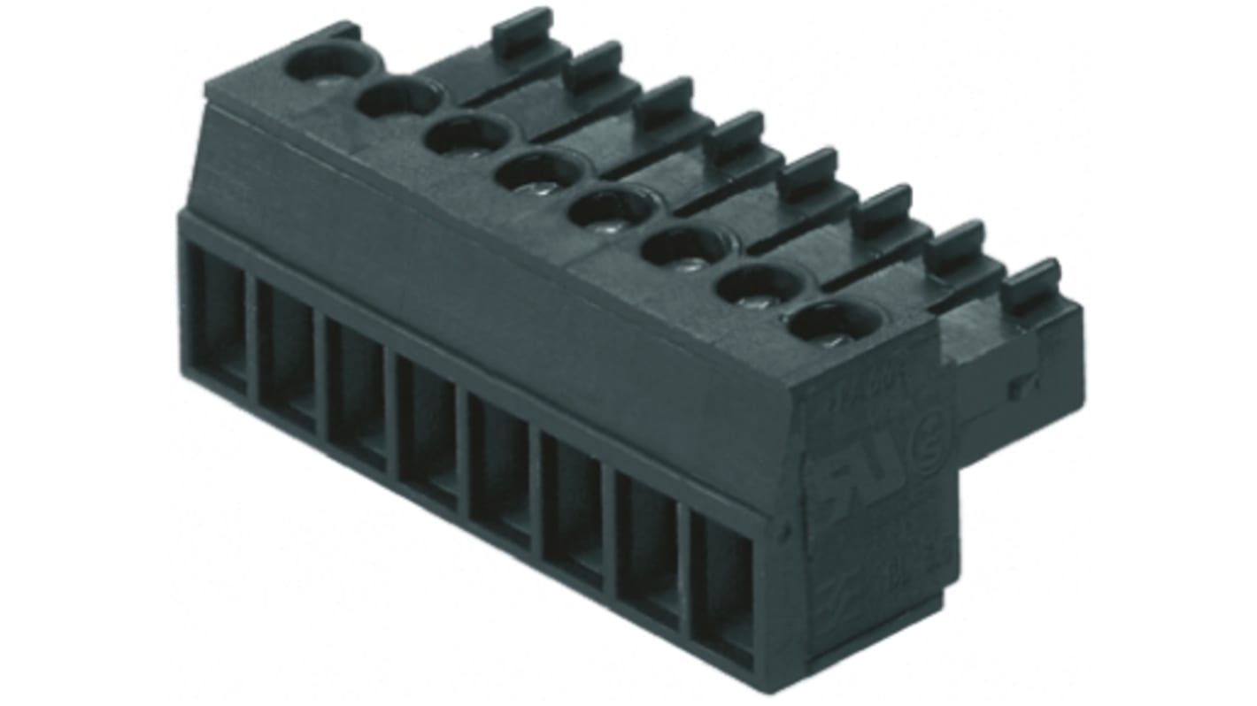 Borne enchufable para PCB Hembra Ángulo recto Weidmuller de 8 vías , paso 3.81mm, 17.5A, de color Negro, montaje de