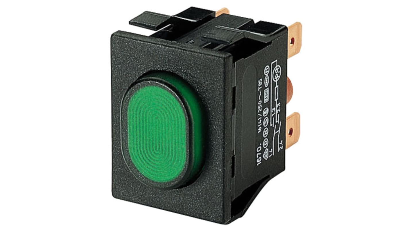 Marquardt Illuminated Push Button Switch, Latching, Panel Mount, DPST, Green LED, IP54