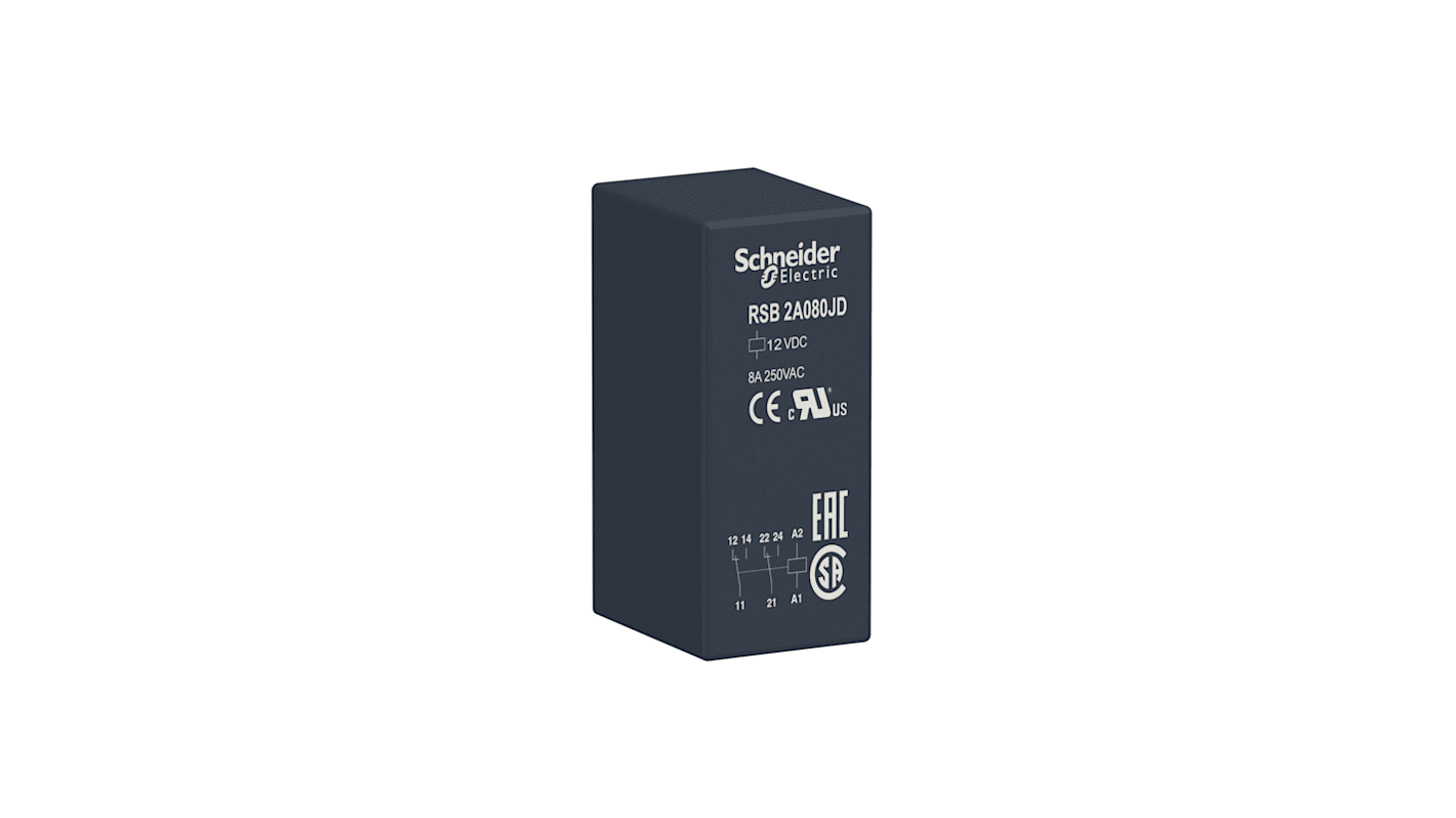Schneider Electric PCB Mount Power Relay, 12V dc Coil, 8A Switching Current, DPDT