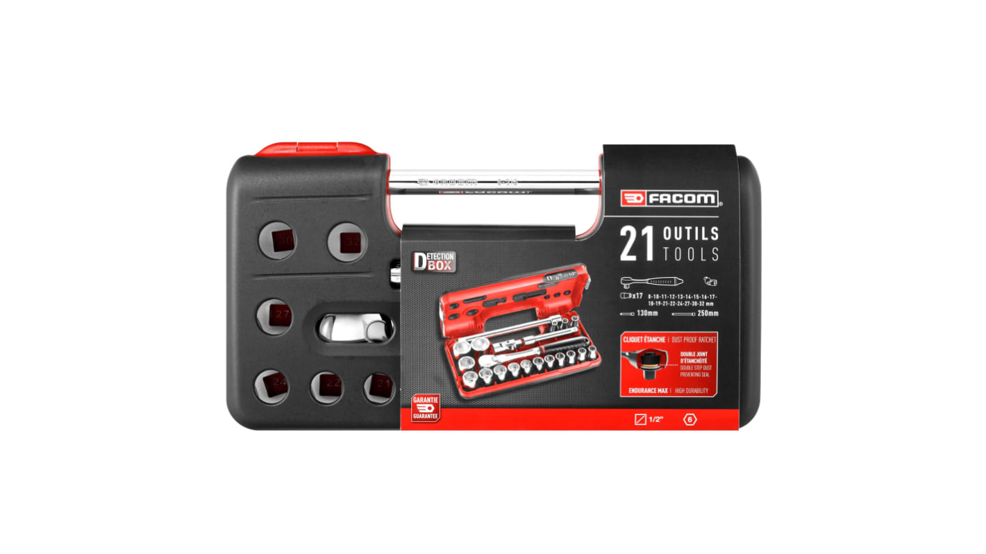 Facom 21-Piece Metric 1/2 in Standard Socket Set with Ratchet, 6 point