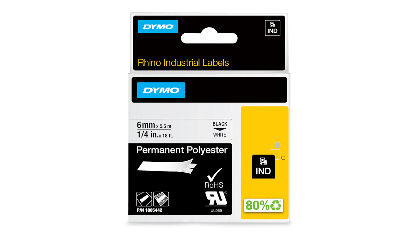 Dymo Black on White Label Printer Tape, 5.5 m Length, 6 mm Width