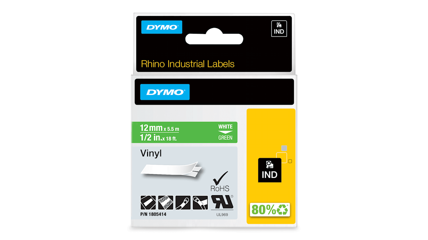 Nastro per etichettatrici Dymo 12 mm x 5,5 m Bianco su Verde