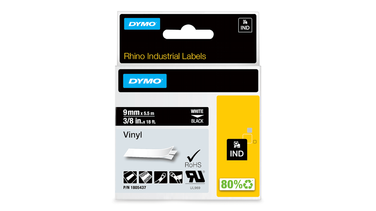Dymo White on Black Label Printer Tape, 5.5 m Length, 9 mm Width