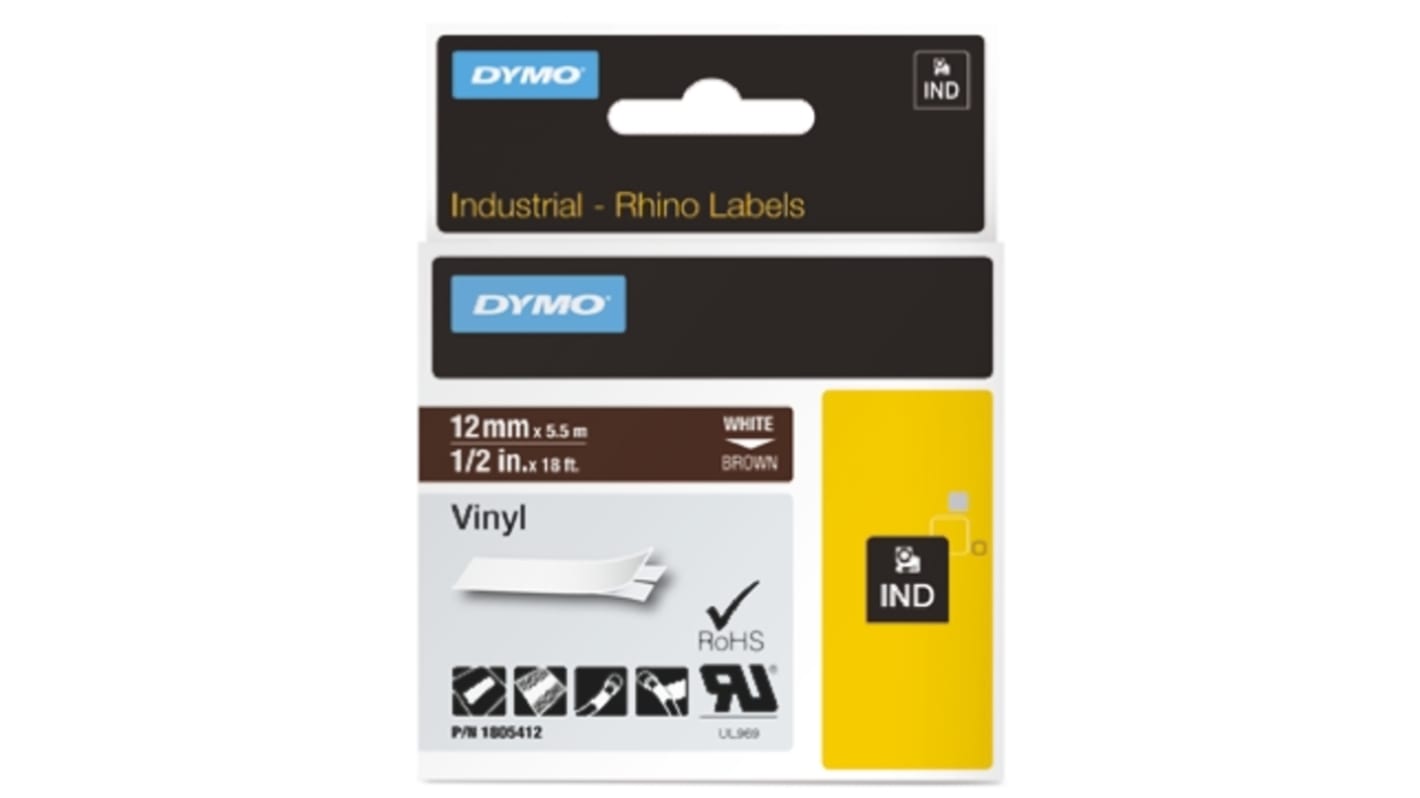 Dymo White on Brown Label Printer Tape, 18 ft Length, 12 mm Width