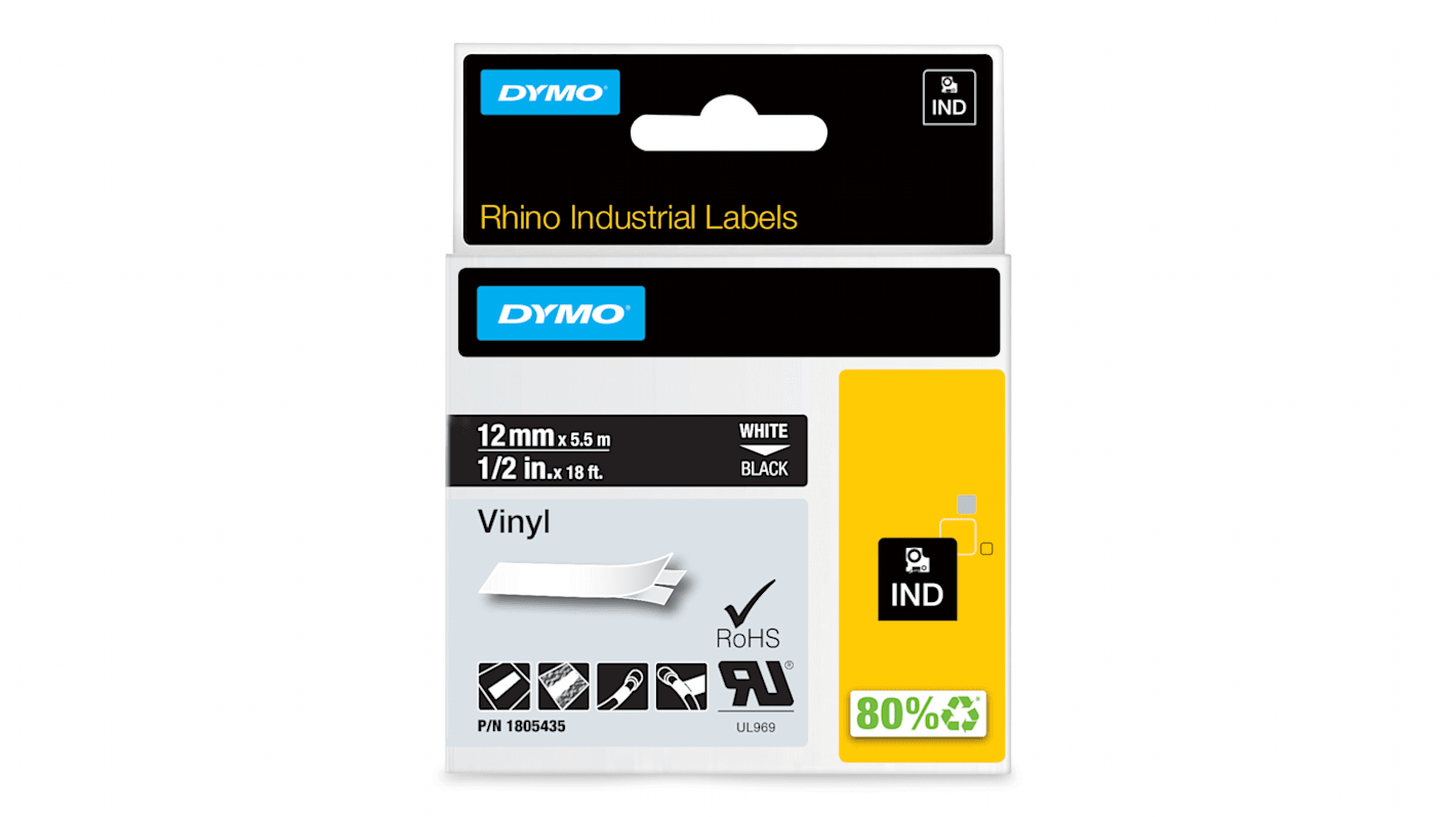 Dymo 标签色带, 黑底白字, 12 mm宽, 5.5 m/卷, 用于Rhino 4200, Rhino 5200, Rhino 6000打印机
