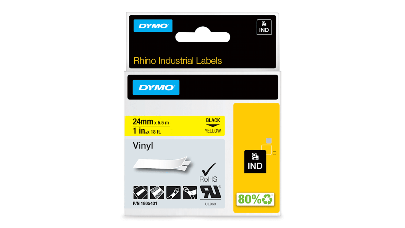 Dymo Black on Yellow Label Printer Tape, 18 ft Length, 24 mm Width