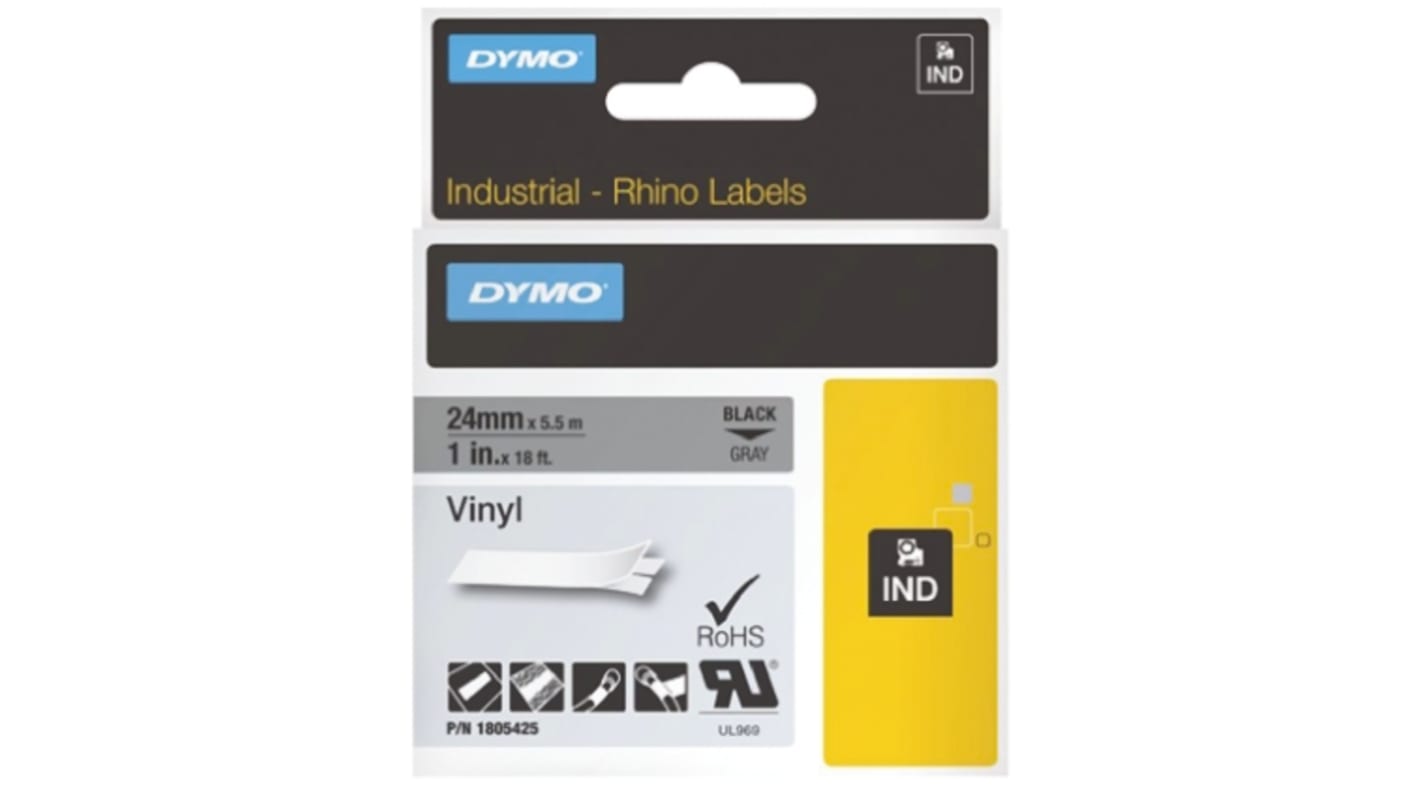 Dymo Black on Grey Label Printer Tape, 18 ft Length, 24 mm Width