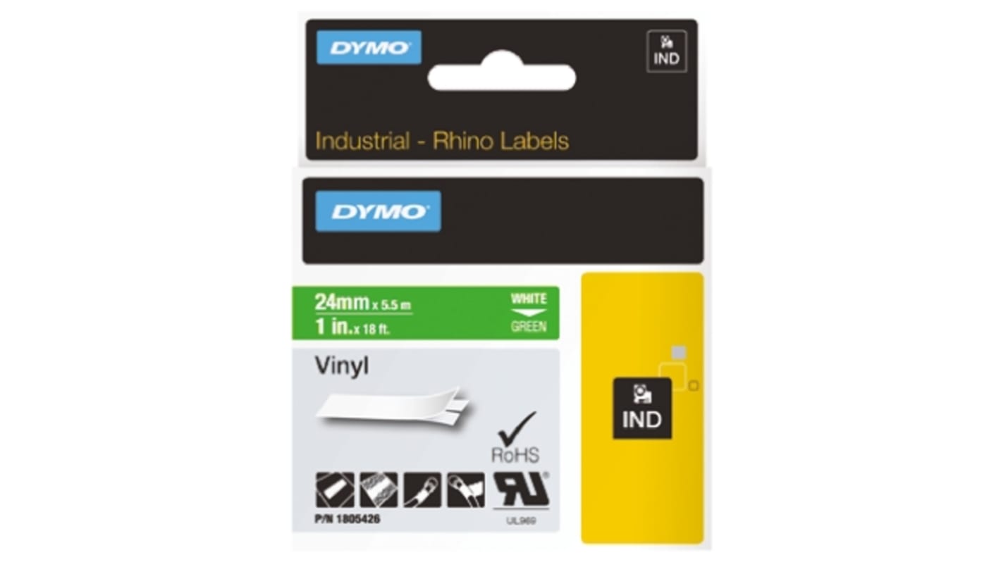 Dymo White on Green Label Printer Tape, 18 ft Length, 24 mm Width