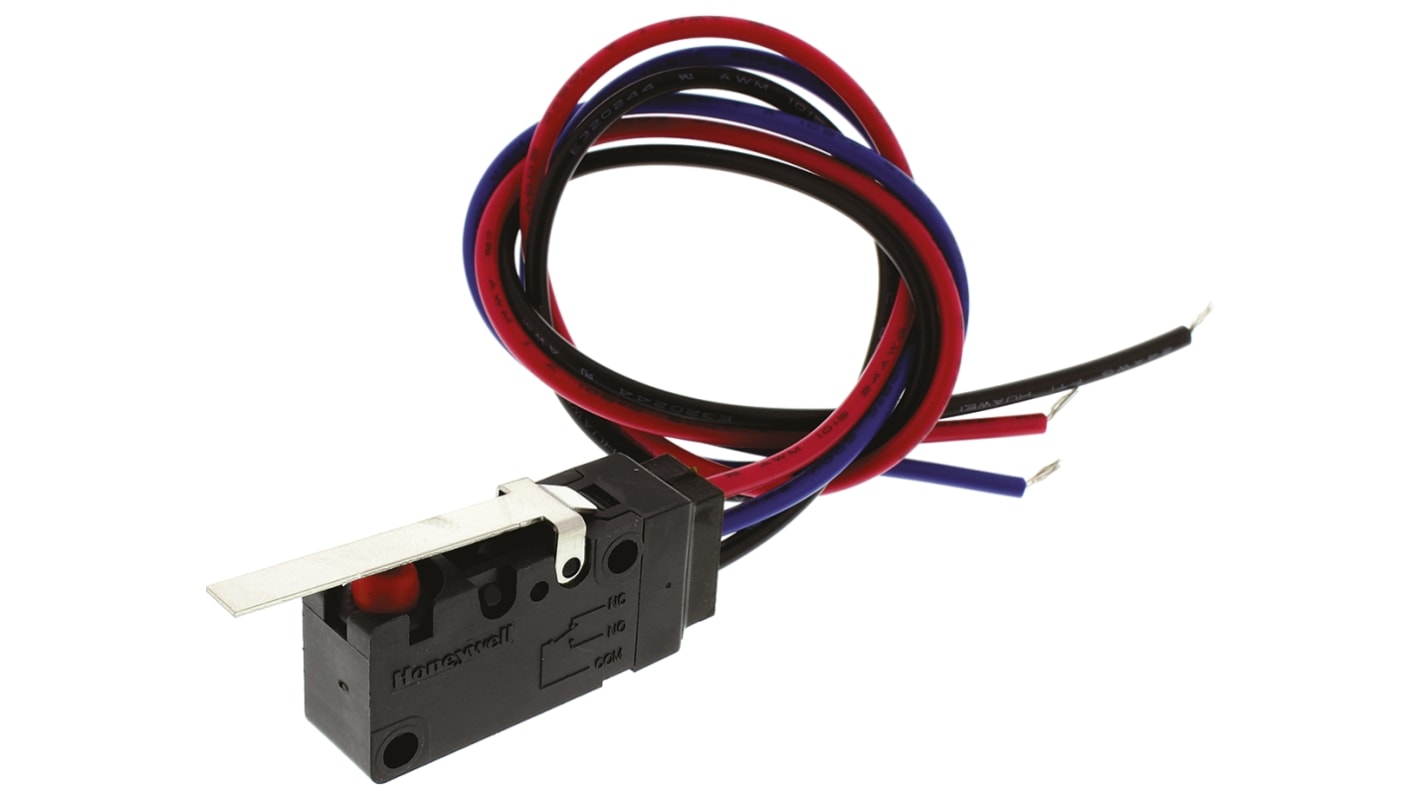 Honeywell Standard Straight Lever Microswitch, Pre-wired Terminal, 100 mA @ 48 V dc, SPDT, IP67