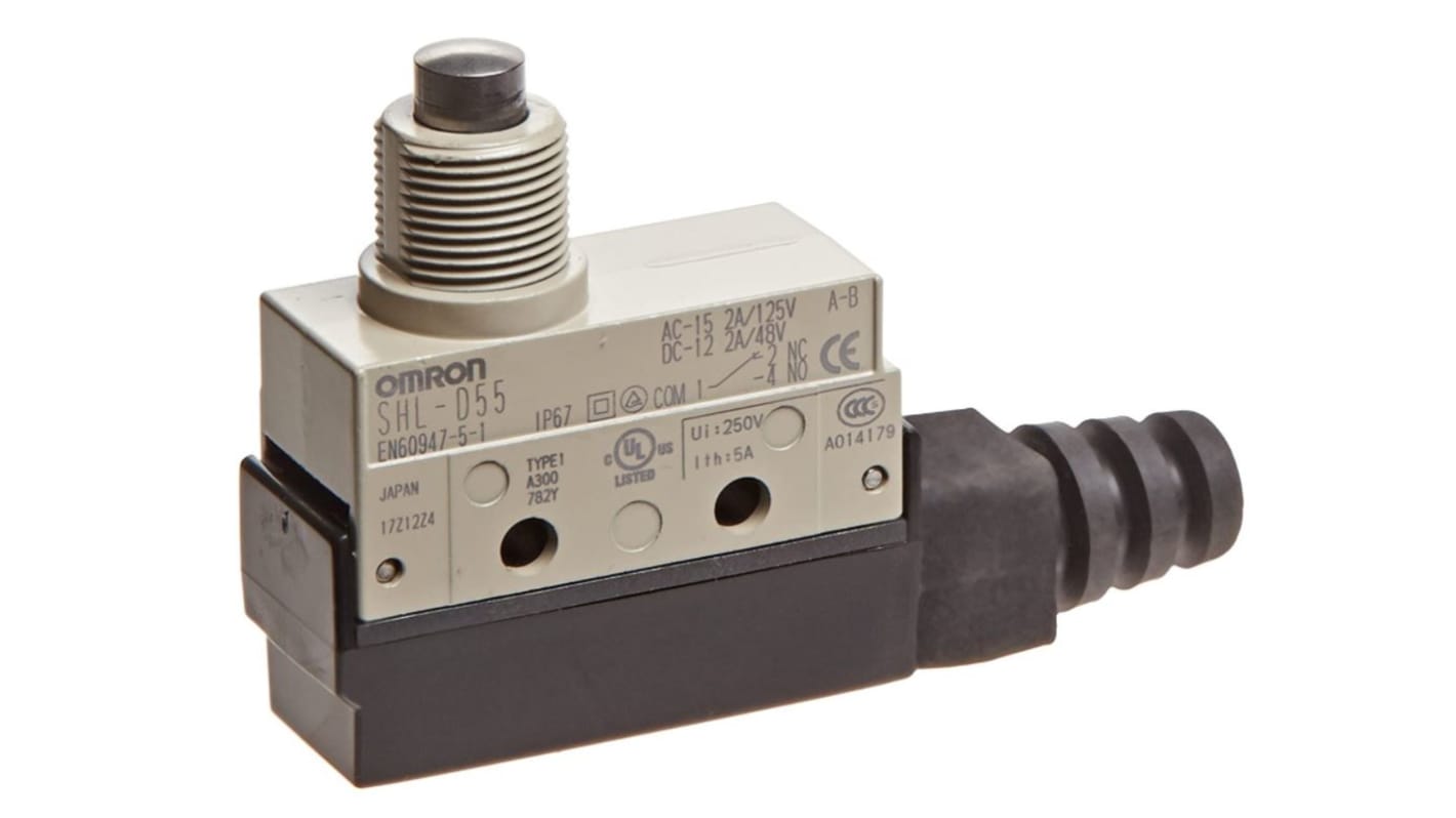 Omron SHL Series Plunger Limit Switch, NO/NC, IP67, SPDT, 480V ac Max, ac 2 A, dc 200mA Max