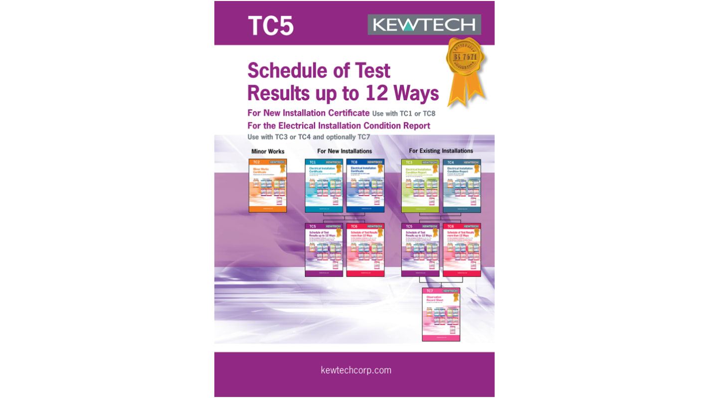 Kewtech Corporation TC5 Electrical Installation Certificate, Certificate Type Inspection & Test Schedule, For Use With
