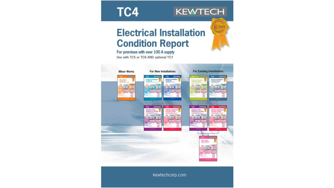 Kewtech Corporation TC4 Electrical Installation Certificate, Certificate Type Inspection & Test Schedule, For Use With