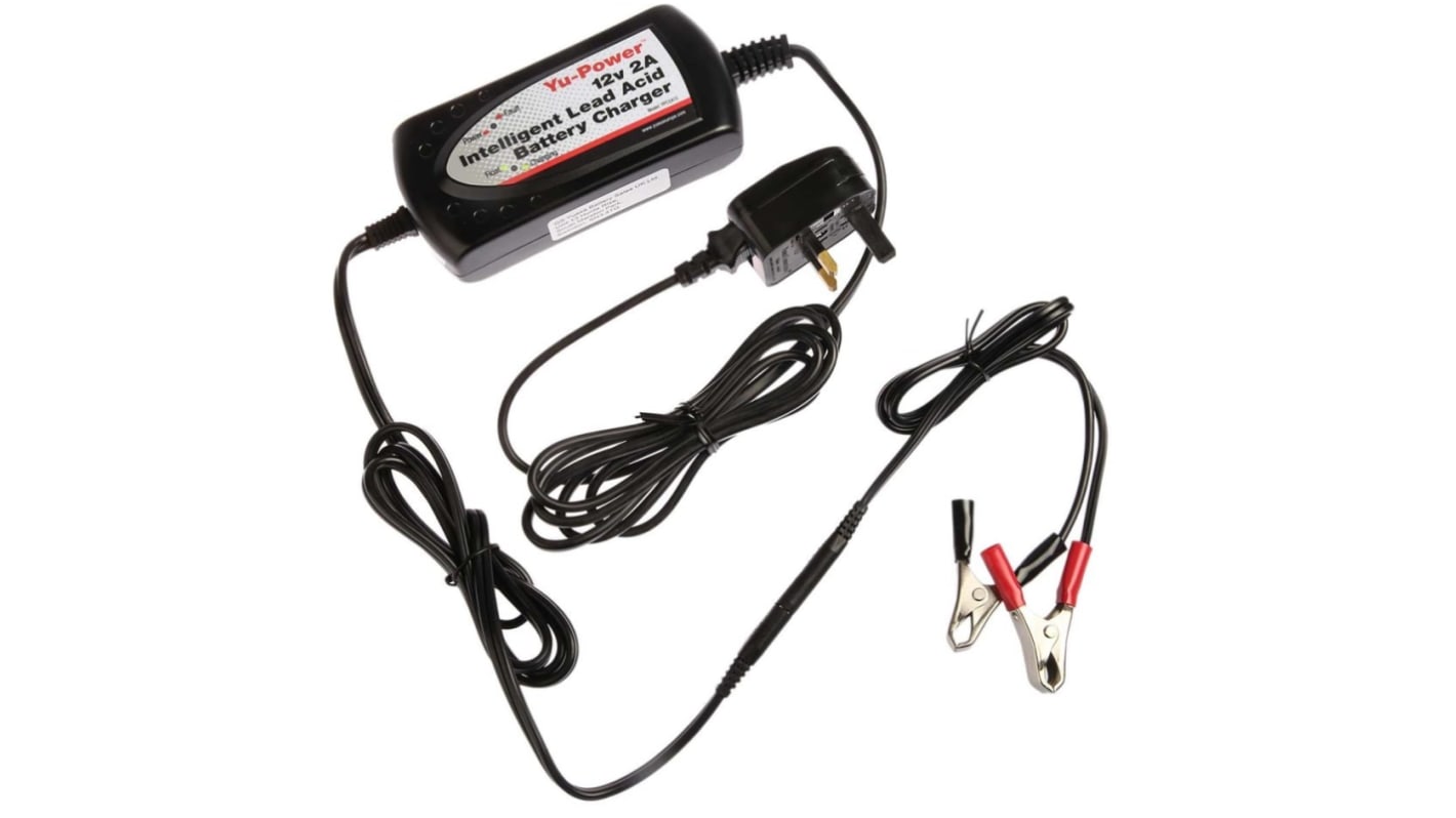 Yuasa 铅酸电池充电器, 2A, 13.65V输出, 220 → 260V 交流输入, EU, UK插头, 支持1个电池