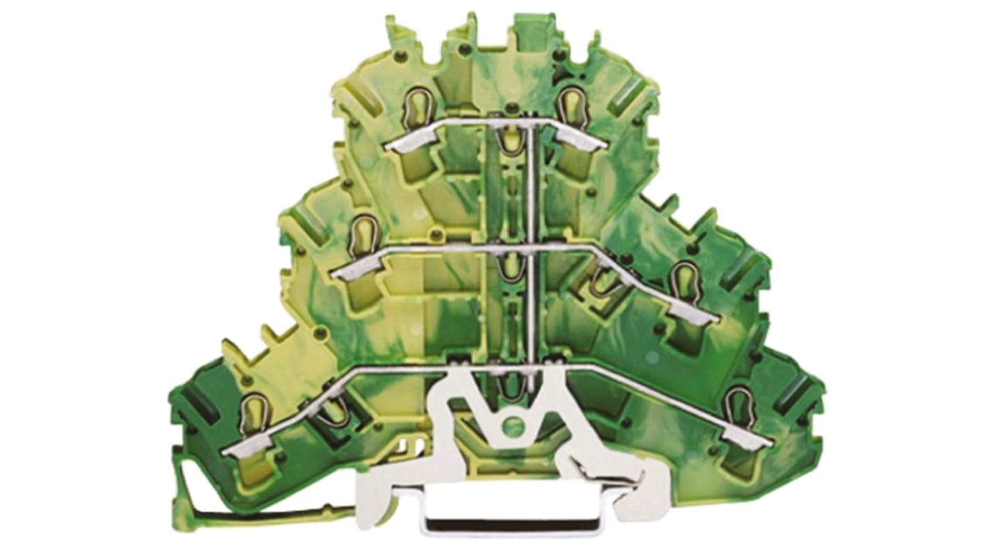 WAGO 2002 Series Green/Yellow Non-Fused DIN Rail Terminal, 0.25 → 2.5mm², Triple-Level, Cage Clamp Termination