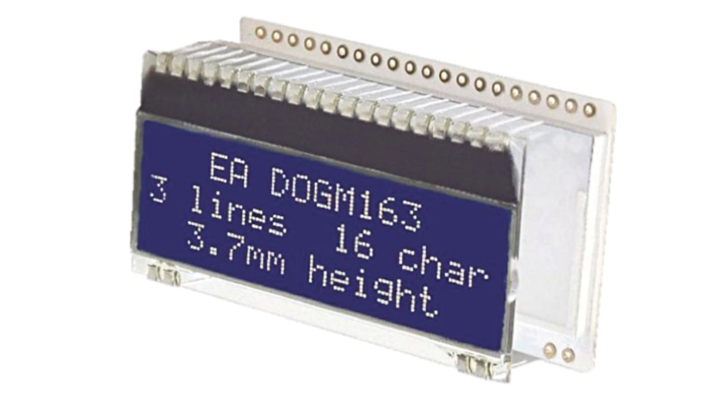 Display Visions EA DOGM163B-A Alphanumeric LCD Display, White, Yellow-Green on Blue, 3 Rows by 16 Characters,