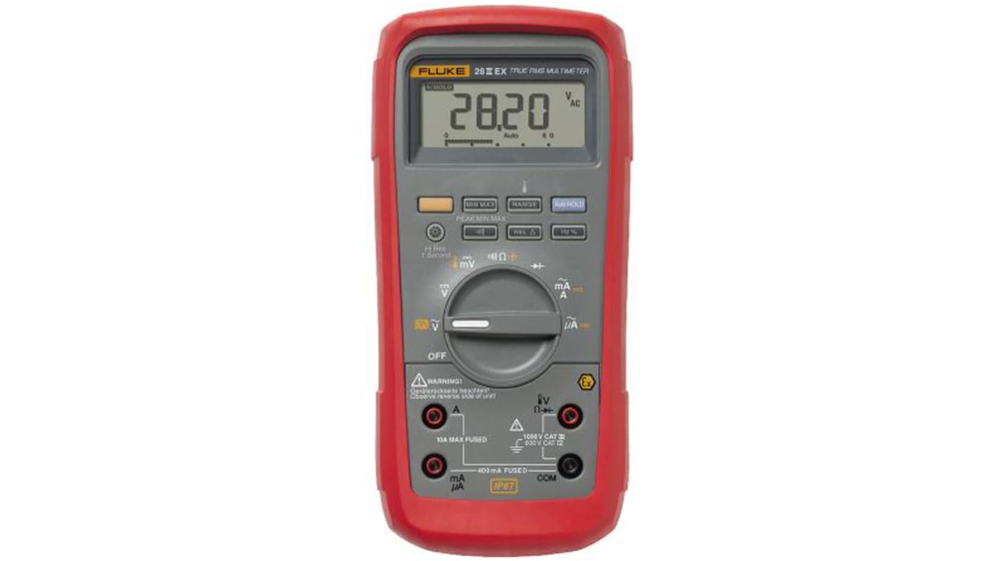 Fluke 28EX Handheld Digital Multimeter, True RMS, 10A ac Max, 10A dc Max, 1000V ac Max, ATEX - UKAS Calibrated