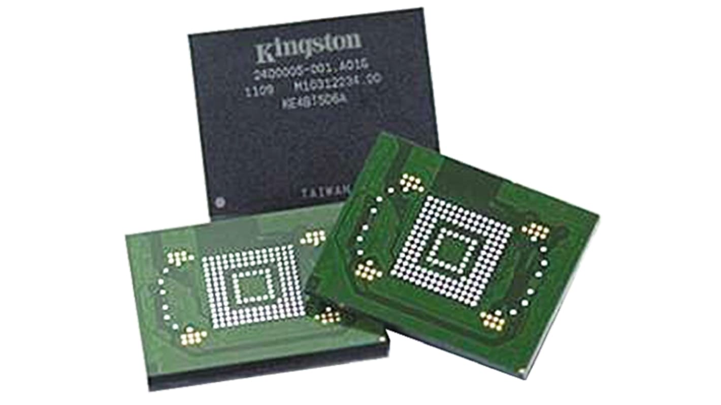 Kingston NAND闪存芯片, 16GByte, eMMC接口, FBGA, 169针→3.3 V, 16G x 1 bit, 16G x 4 bit, 16G x 8 bit