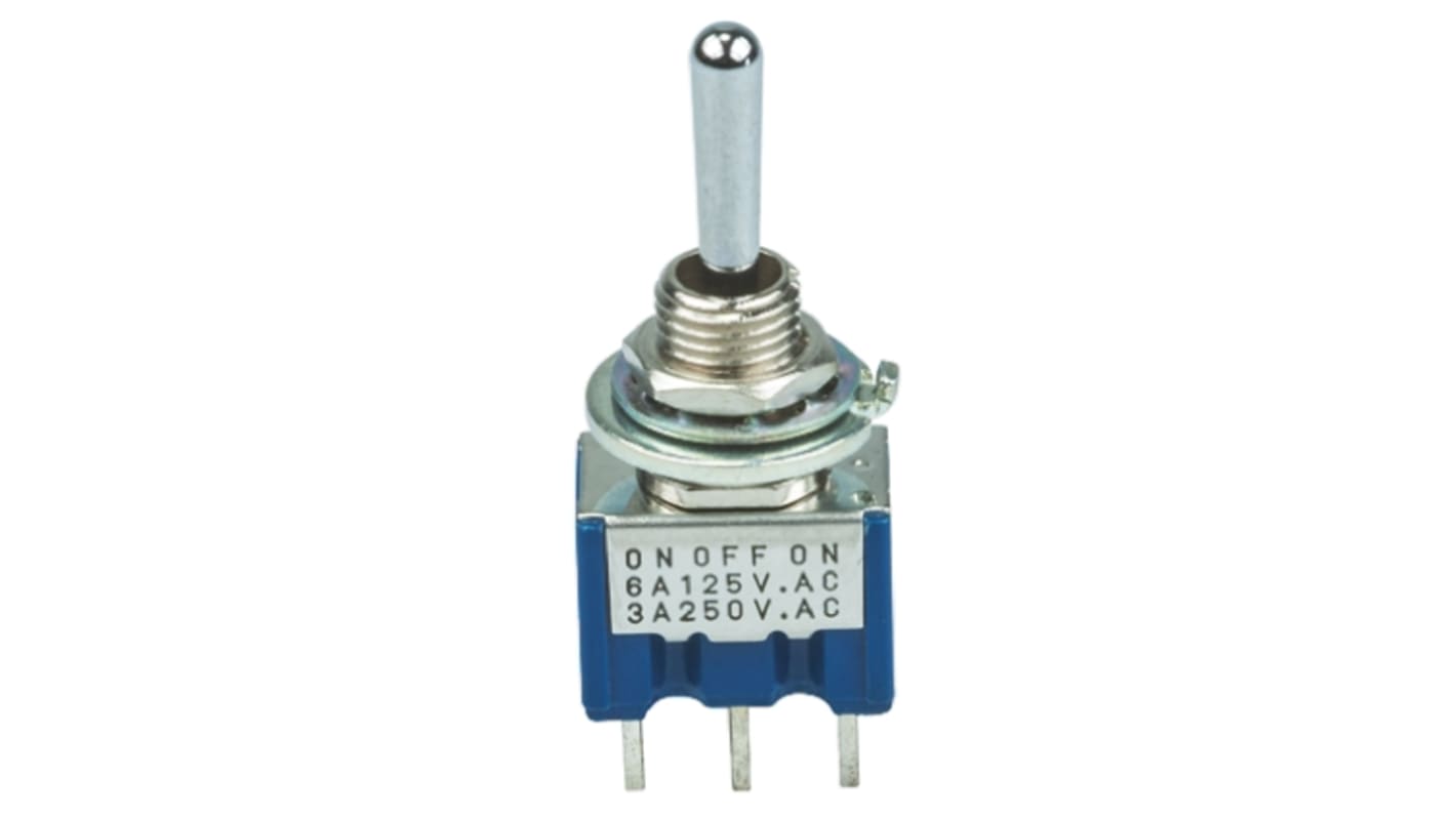Nidec Components Toggle Switch, PCB Mount, (On)-Off-(On), SPDT, Through Hole Terminal