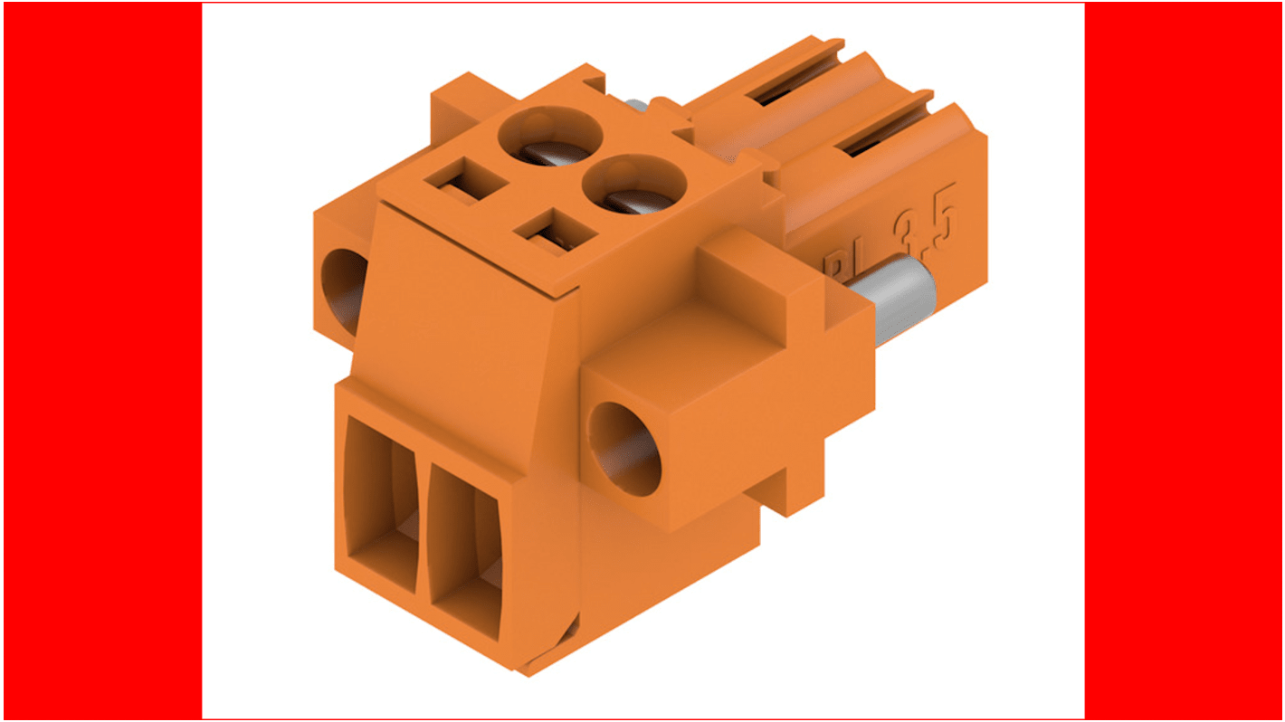 Bloque de terminal PCB Weidmuller de 2 vías, paso 3.5mm, 17A, de color Naranja, montaje de cable, terminación Tornillo