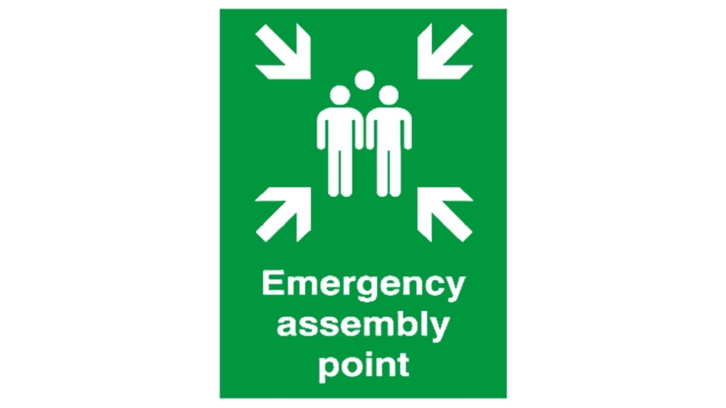 Panneau de sécurité incendie Auto-Adhésif, Emergency assembly point, texte en Anglais, Vert/Blanc, Plastique