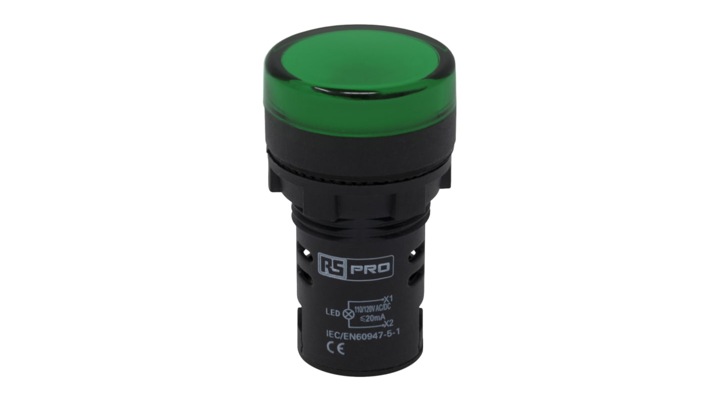 RS PRO, Panel Mount Green LED Pilot Light, 22mm Cutout, IP65, Round, 110V ac