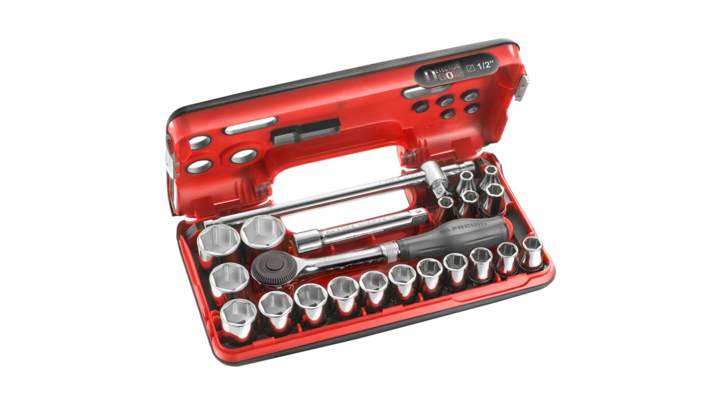 Facom 22-Piece Metric 1/2 in Standard Socket Set with Ratchet, 6 point