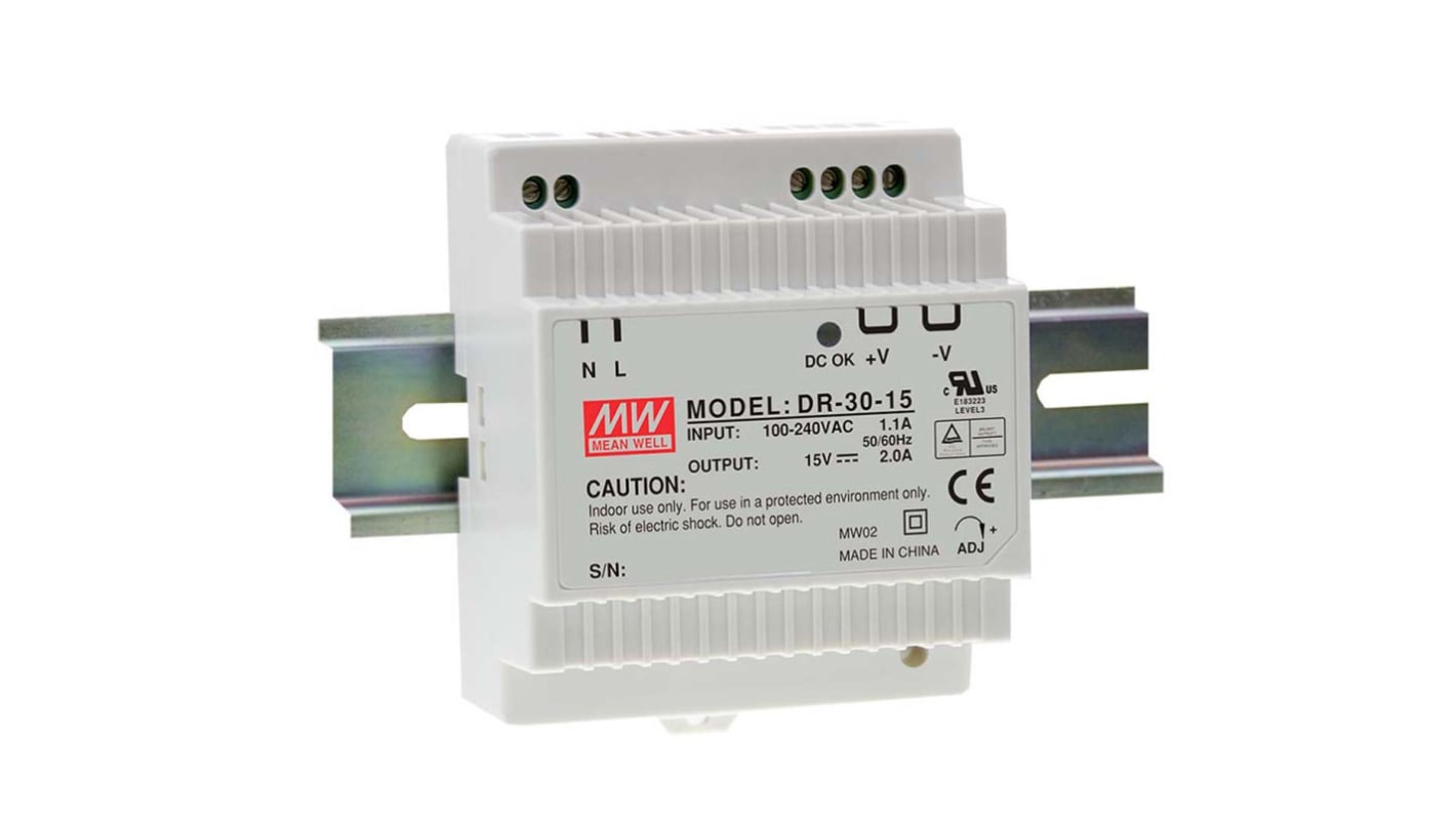 MEAN WELL DR Switch Mode DIN Rail Power Supply, 85 → 264V ac ac Input, 15V dc dc Output, 2A Output, 30W