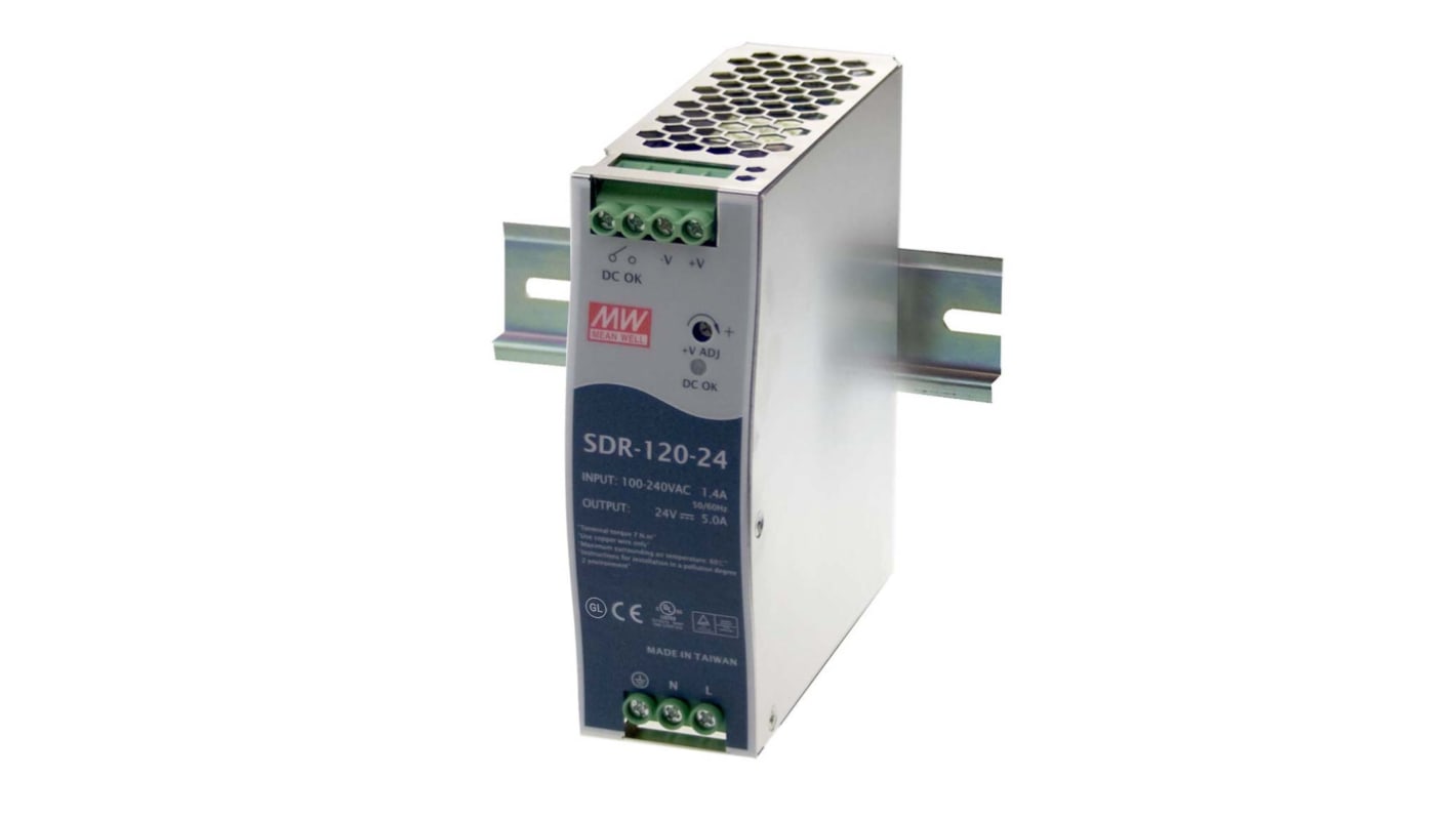 MEAN WELL SDR Switched Mode DIN Rail Power Supply, 88 → 264V ac ac Input, 24V dc dc Output, 5A Output, 120W