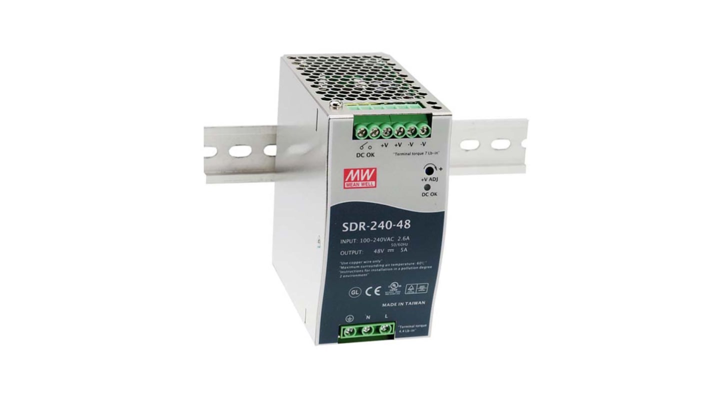 MEAN WELL SDR Switched Mode DIN Rail Power Supply, 88 → 264V ac ac Input, 48V dc dc Output, 5A Output, 240W