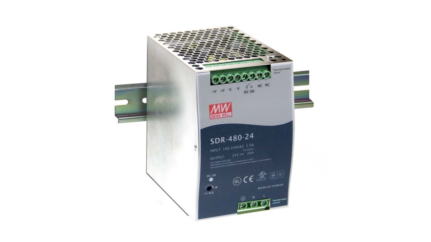 MEAN WELL SDR Switched Mode DIN Rail Power Supply, 88 → 264V ac ac Input, 48V dc dc Output, 10A Output, 480W