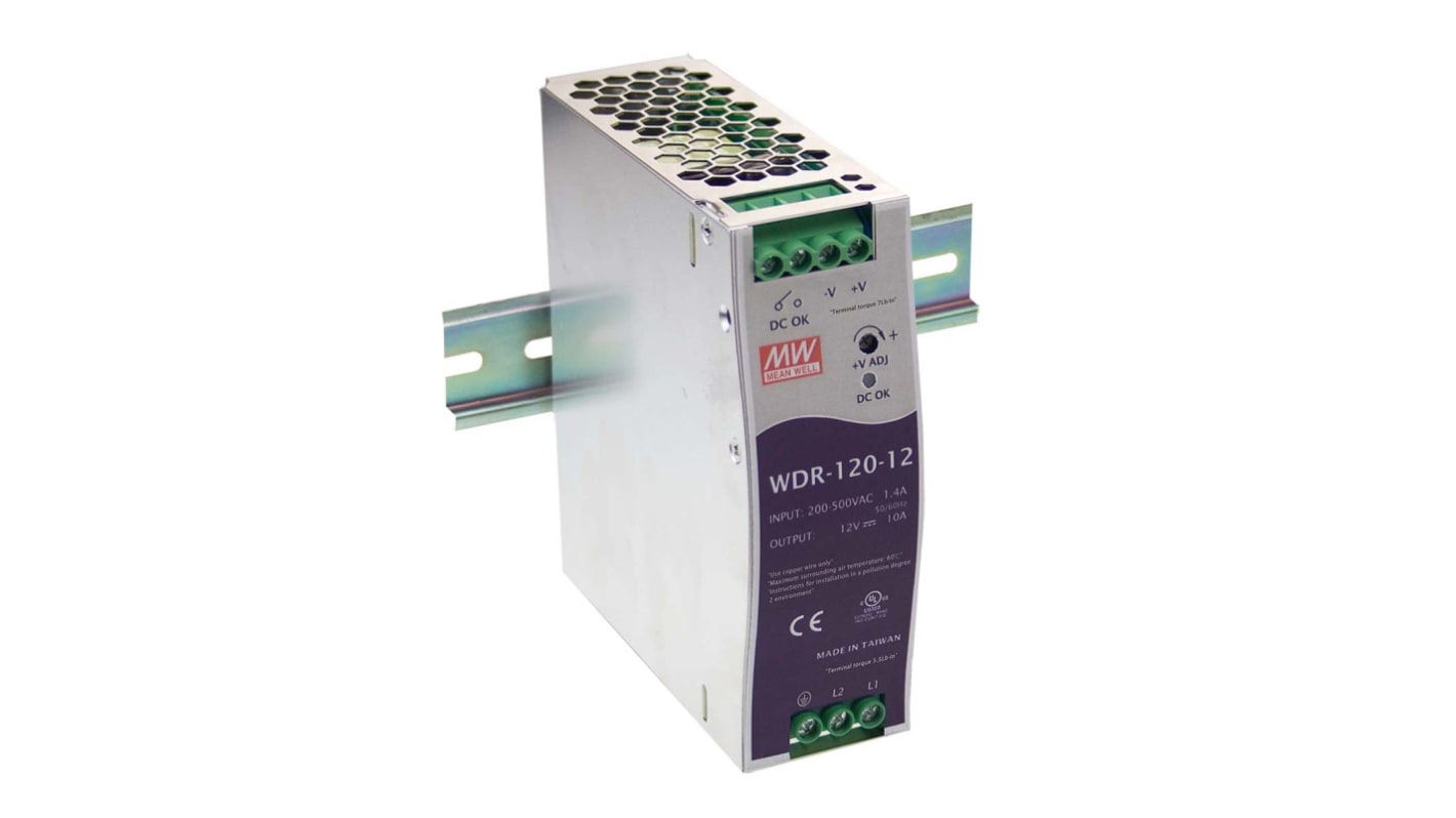 MEAN WELL WDR Switched Mode DIN Rail Power Supply, 180 → 550V ac ac Input, 48V dc dc Output, 2.5A Output, 120W