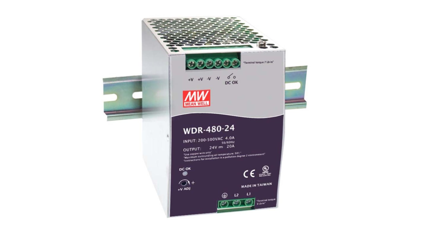 MEAN WELL DIN-sín tápellátás, 1 kimenet, 48V dc, 10A, BE: 180 → 550V ac, 480W