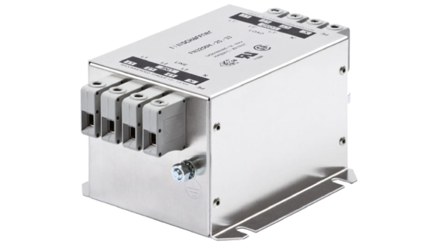 Schaffner 三相EMI滤波器, 8A, 520/300 V 交流, 60Hz, 底盘安装, 端子排接端, 一阶, FN3256系列