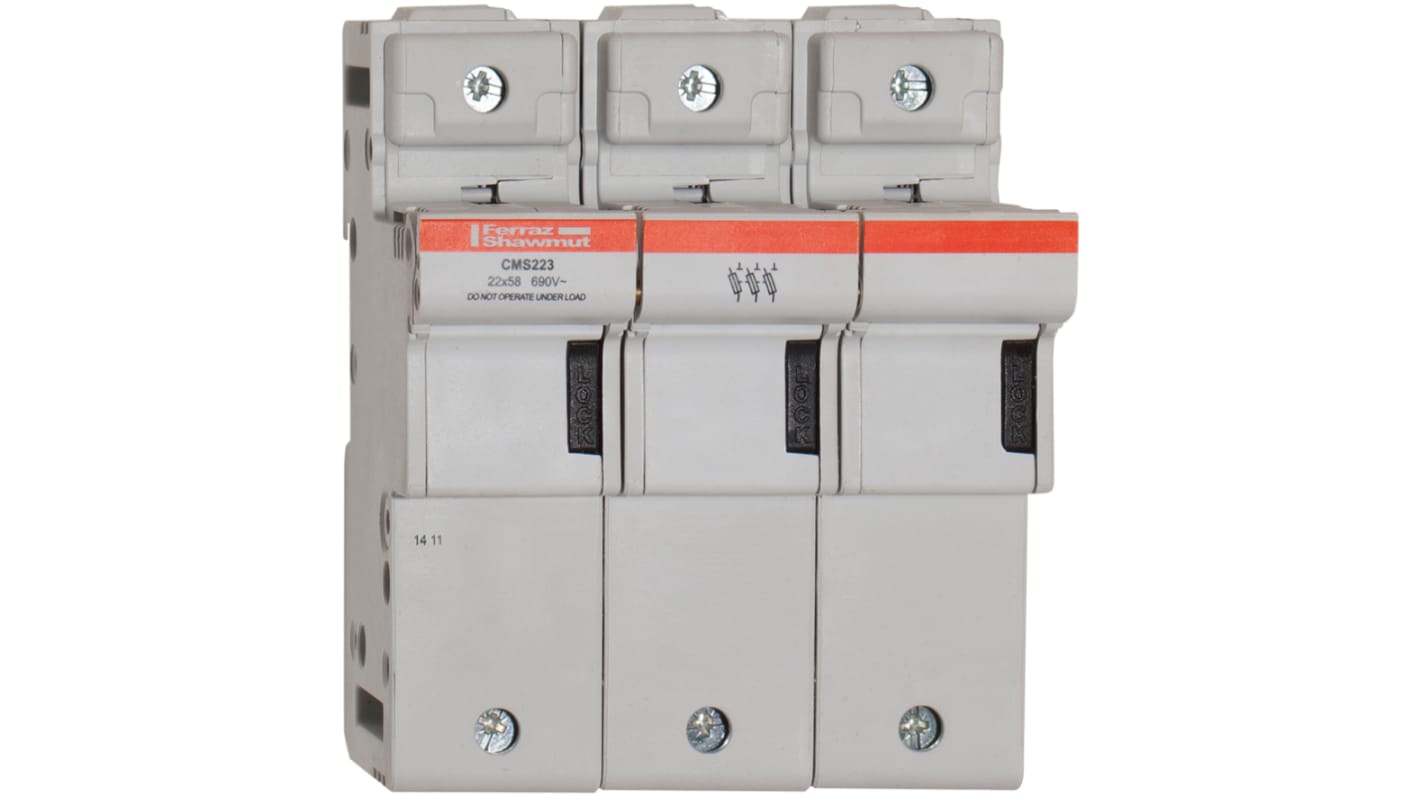 Mersen 125A Rail Mount Fuse Holder for 22 x 58mm Fuse, 3P, 690V ac