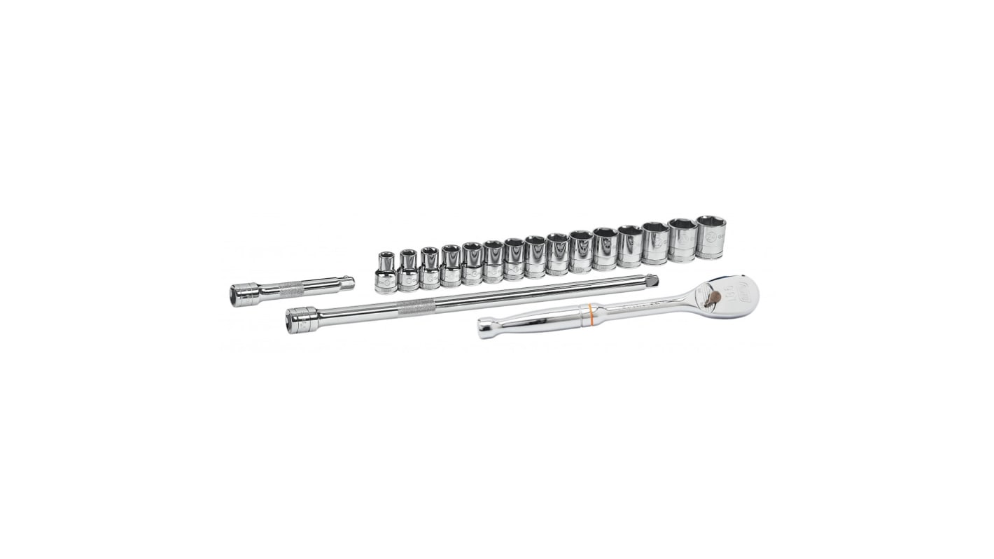 GearWrench 六角标准套筒套装, 公制, 带棘轮, 18件装, 1/2 英寸驱动头, 合金钢制