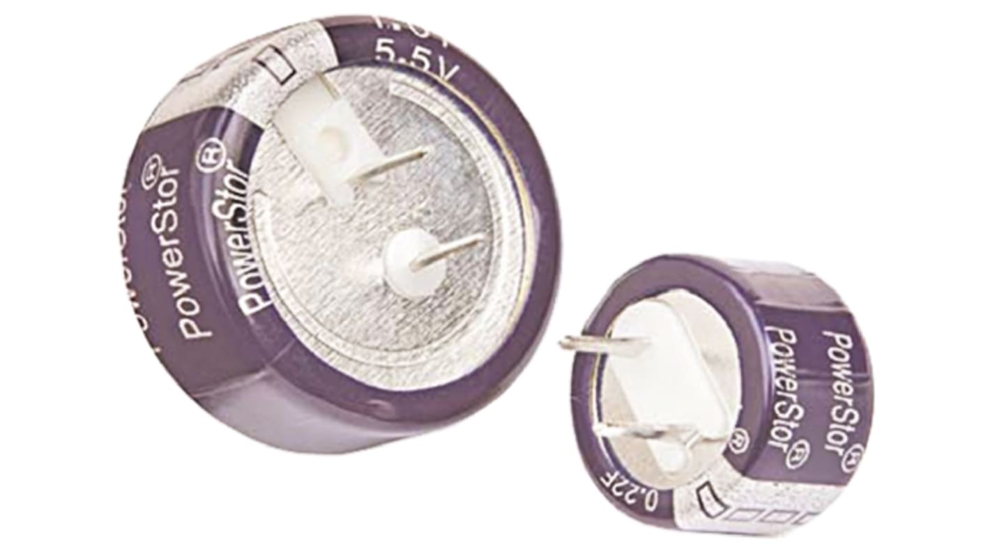 Supercondensador Cooper Bussmann, 0.68F, -20 → +80%, 5.5V dc, Montaje en orificio pasante, 30Ω