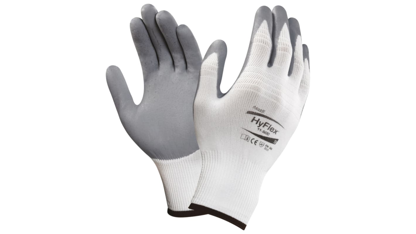 Ansell HyFlex 11-800 White Nylon Mechanic Work Gloves, Size 7, Nitrile Foam Coating