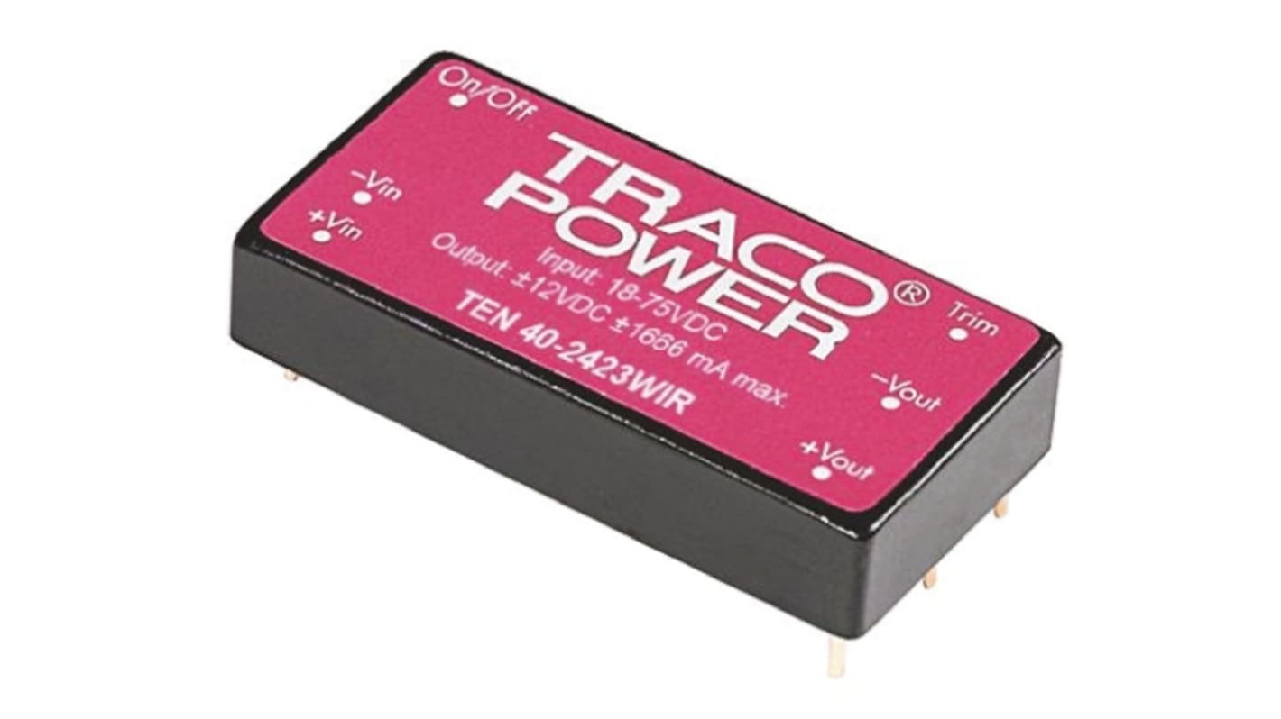 TRACOPOWER TEN 40WIR DC-DC Converter, 5V dc/ 8A Output, 18 → 75 V dc Input, 40W, Through Hole, +85°C Max Temp