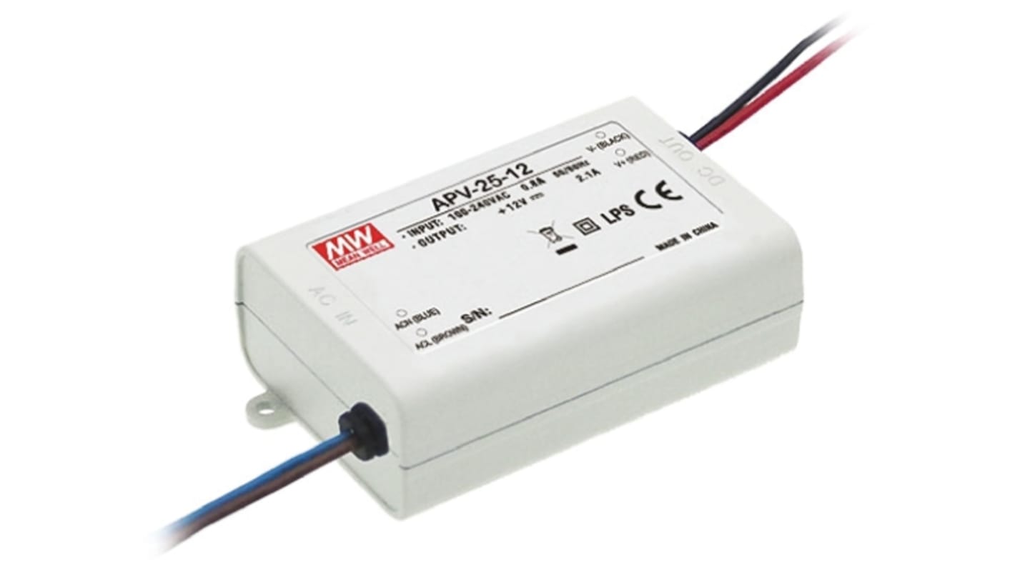 Driver LED tensión constante MEAN WELL de salidas, IN: 127 → 370 V dc, 90 → 264 V ac, OUT: 24V, 1.05A,