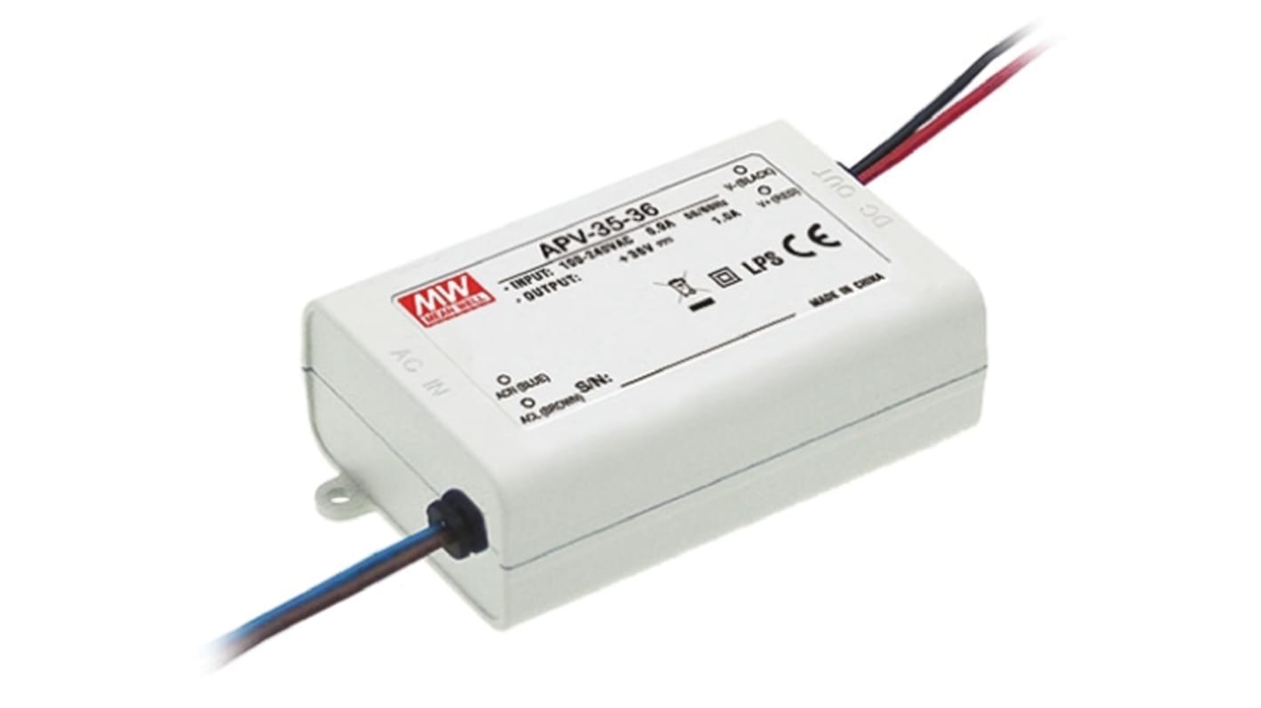 Driver LED tensión constante MEAN WELL de salidas, IN: 127 → 370 V dc, 90 → 264 V ac, OUT: 36V, 1A, 36W,