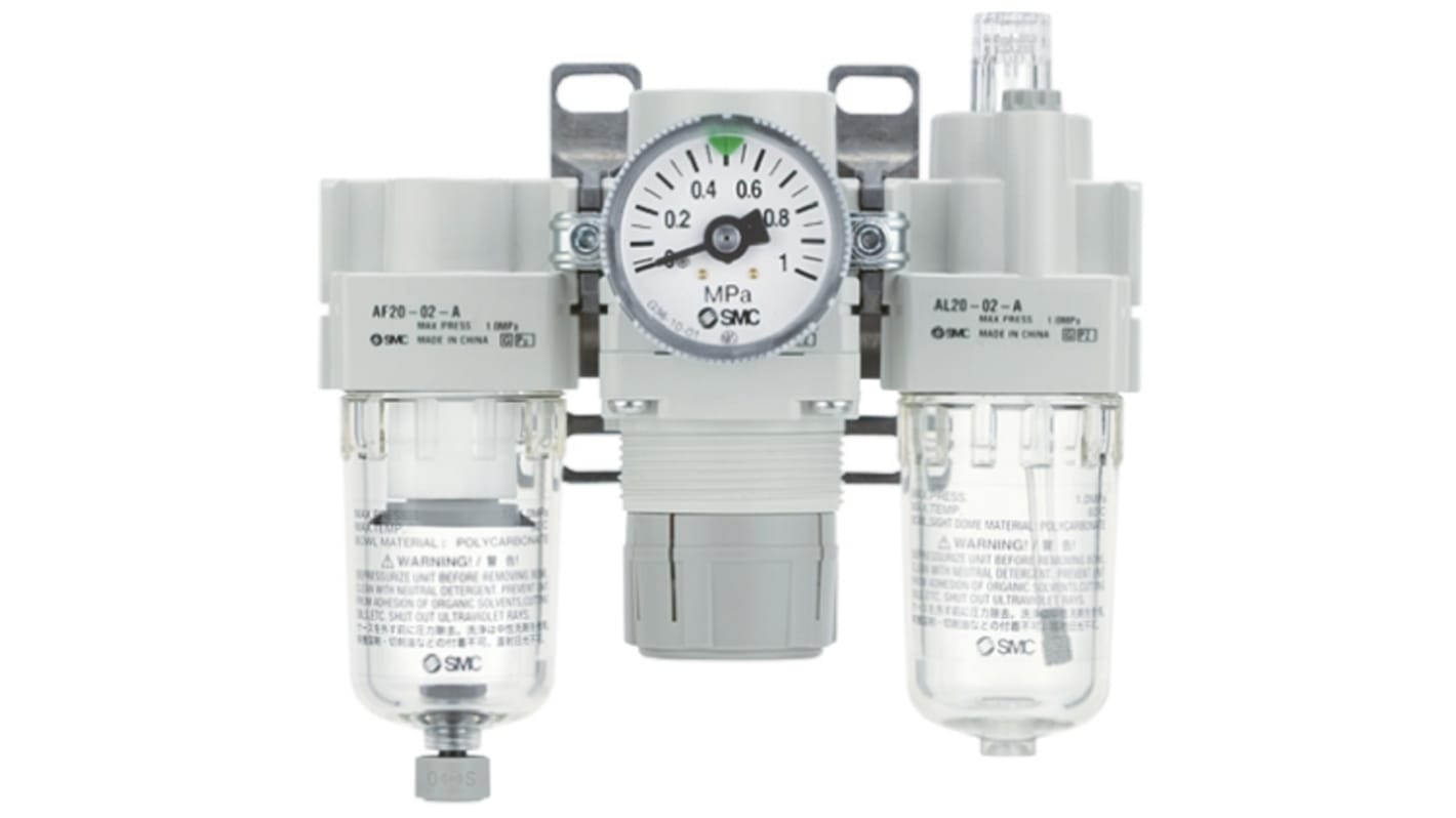 SMC 气动三联件, Rc 3/8接口, 最大1 MPa, 手动排水, 最低-5°C, 5μm过滤精度