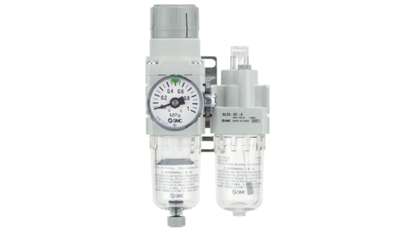 SMC 带压力表气动三联件, Rc 1/8接口, 最大1 MPa, 手动排水, 最低-5°C, 5μm过滤精度