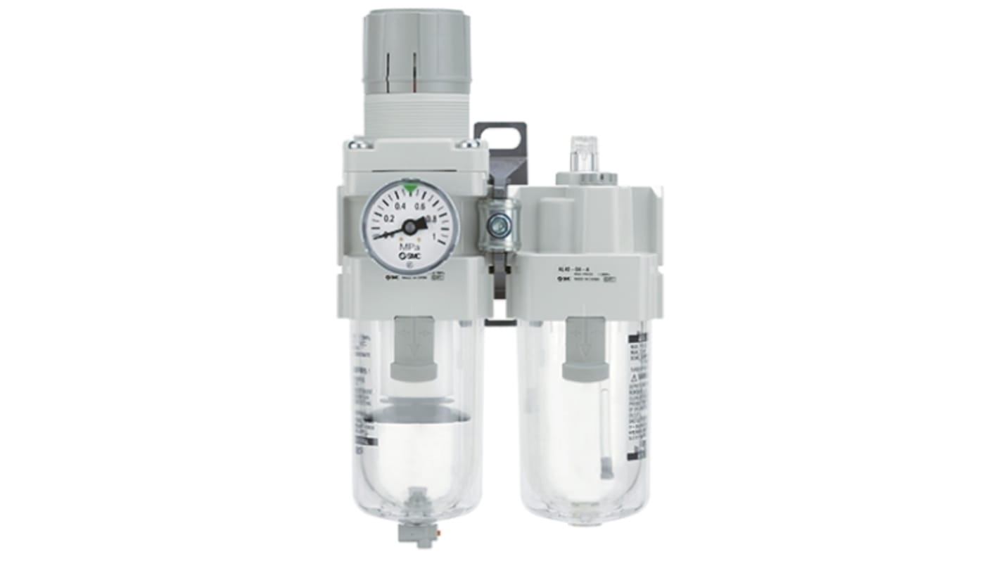 SMC 气动三联件, Rc 3/8接口, 最大1 MPa, 手动排水, 最低-5°C, 5μm过滤精度