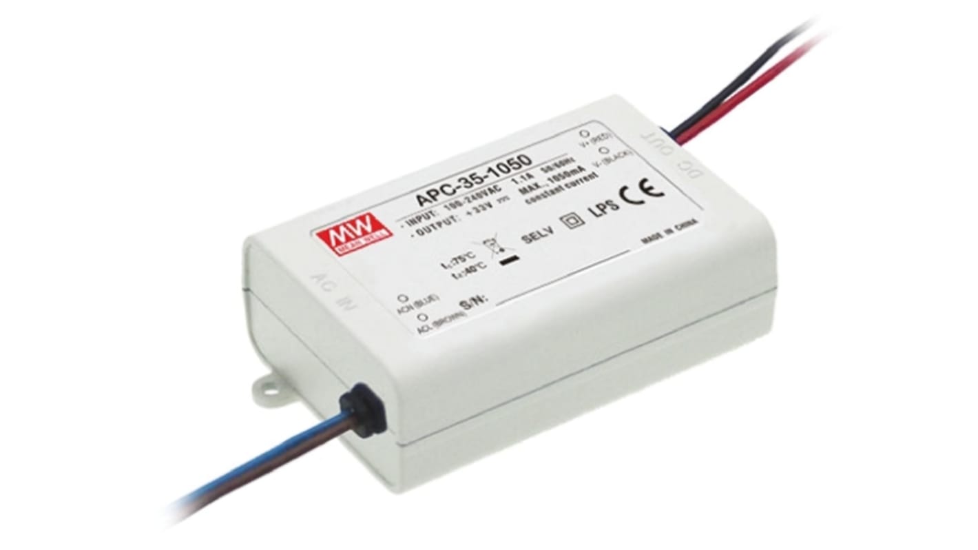 MEAN WELL LED Driver, 28 → 100V Output, 35W Output, 350mA Output, Constant Current