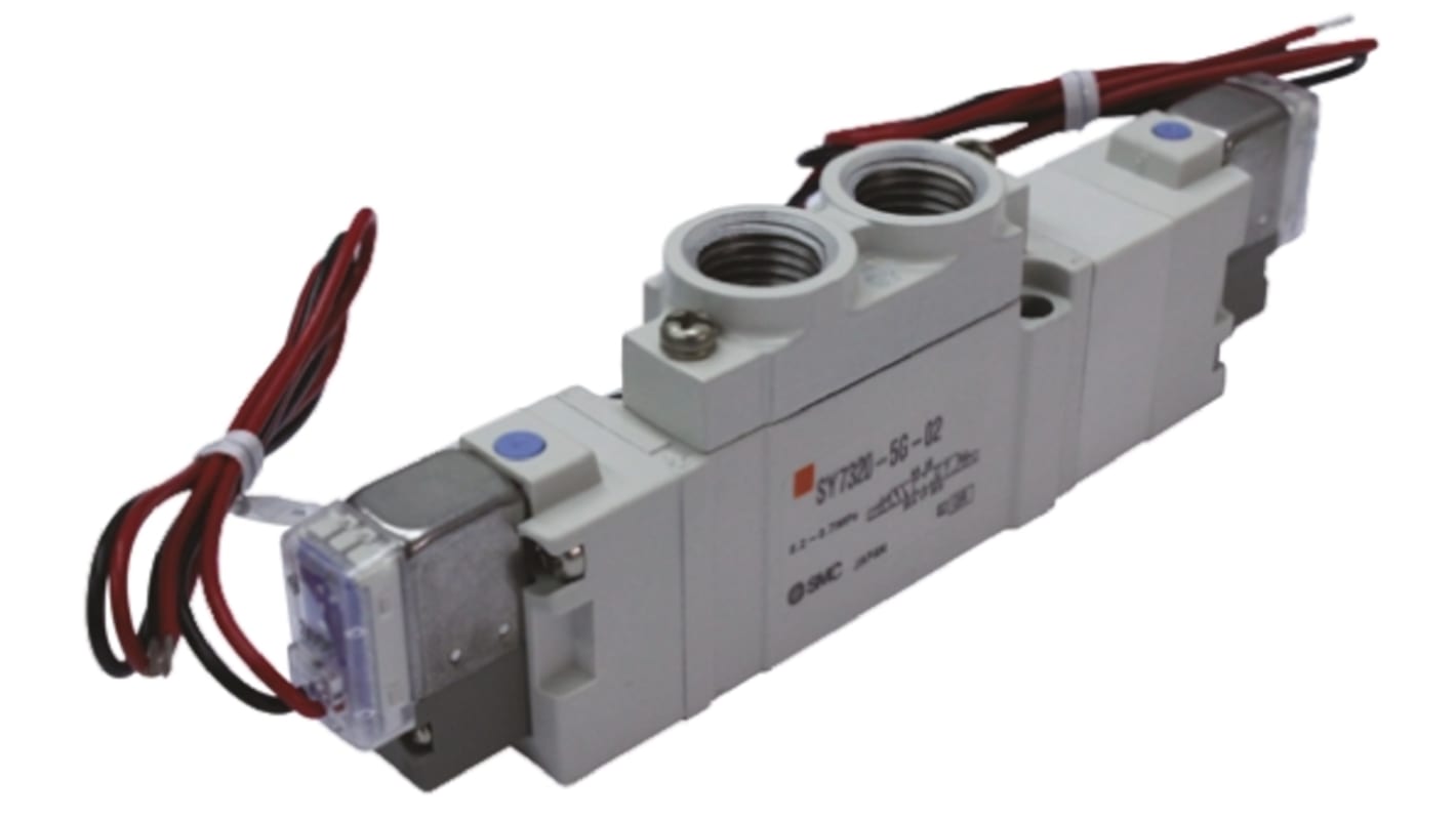 SMC 五通先导式电磁阀, 24 V 直流电源, 1/4 in Rc 内螺纹接口, 压铸铝主体, 用于空气, SY7000系列