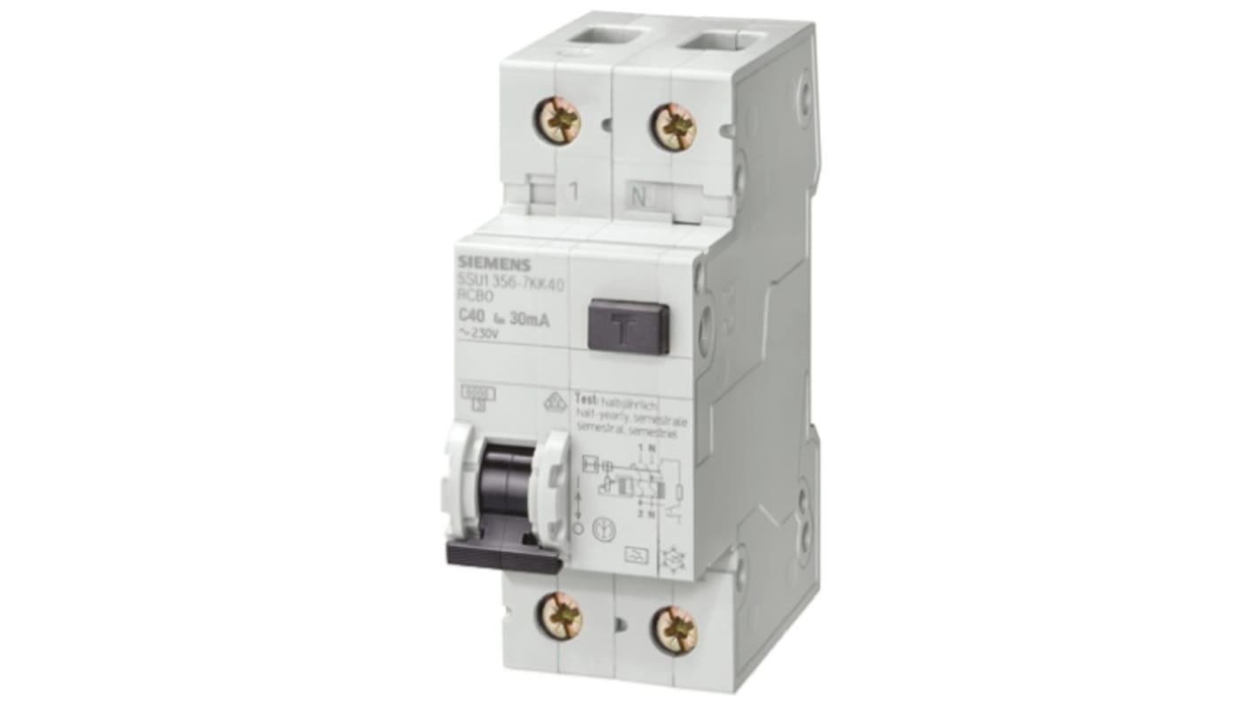 Disjoncteur différentiel magnéto-thermique Siemens 25A 1P+N, sensibilité 30mA, Montage rail DIN, 5SU1