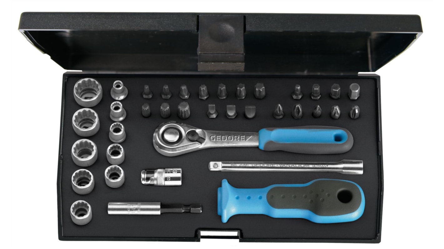Gedore 37-Piece Metric 1/4 in Standard Socket/Bit Set with Ratchet, 12 point; Hex Bit; Phillips Bit; Pozidriv Bit;