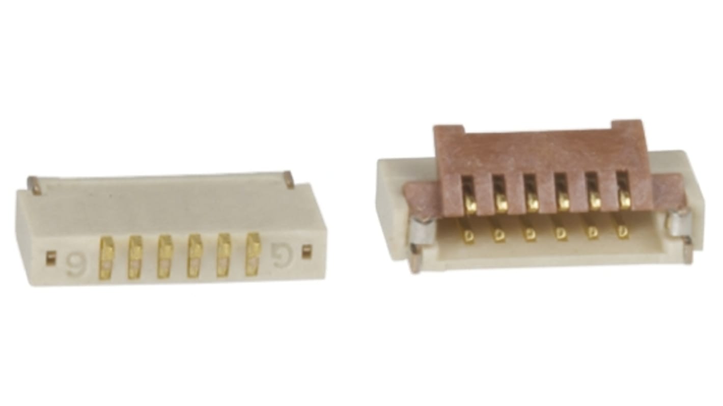 Hirose FPC连接器, 母座, 6p, 0.5mm间距, 单排, SMT安装, 直角, 500mA, 50 V 交流, FH19系列