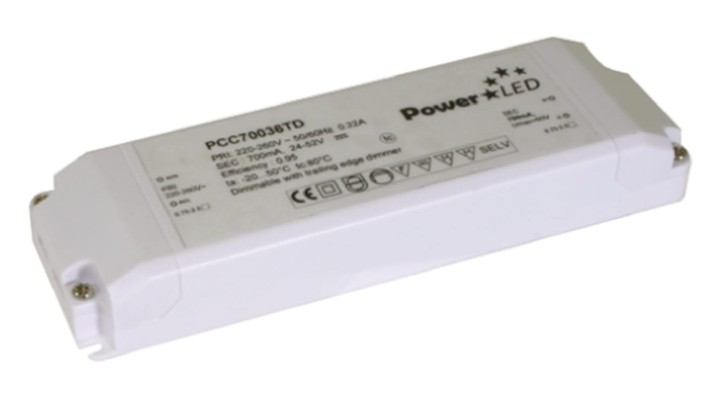 Driver LED corriente constante PowerLED, IN: 220 → 240 V ac, OUT: 24 → 52V, 700mA, 36W, regulable