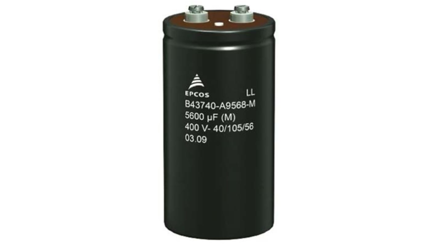 EPCOS B43740, Schraub Elektrolyt Kondensator 5600μF ±20% / 350V dc, Ø 76.9mm x 130.7mm, bis 105°C